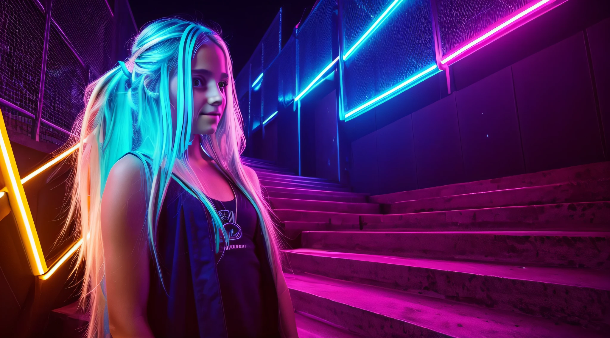 there is a young blonde child with long hair. fechar para cima, neon lights, Stairs to the sky. com assas de anjo,