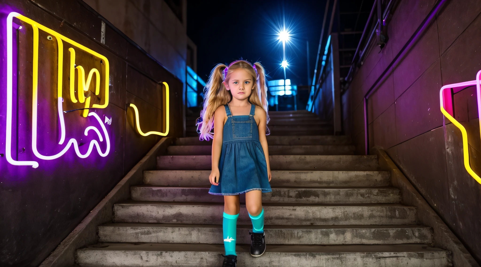 there is a young blonde with long hair. fechar para cima, neon lights, Stairs to the sky. com assas de anjo,