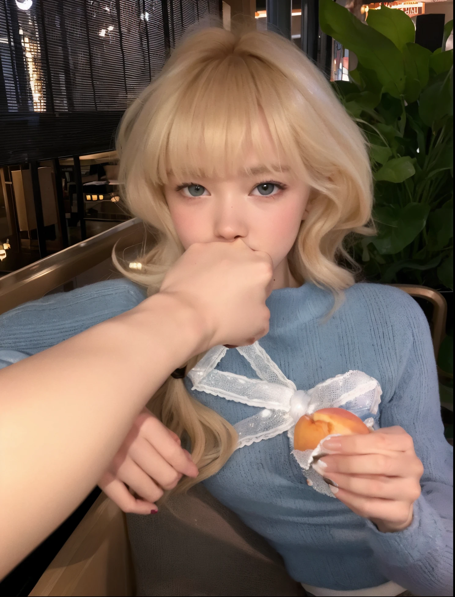 blond woman eating a donut with a bow on her neck, lalisa manobal, lalisa manoban of blackpink, belle delphine, elle fanning), eating cakes, she is eating a peach, eating a donut, a human-like juicy peach, elle fanning, loli, ellie bamber fairy, anna nikonova aka newmilky, eating