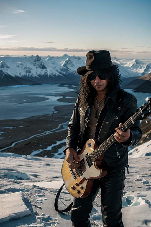 Guitarist Slash plays guitar on the top of an ice mountain.Overlooking the sea.