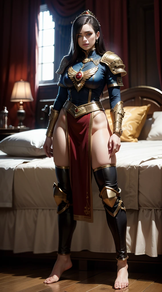 full body, barefoot, standing on bed, masterpiece, best quality, ultra-detailed, absurdres, warhummer 40000, adepta sororitas, girl, 1 person, beautiful face, a beautiful face, the perfect face, sister battle, warrior sororitas