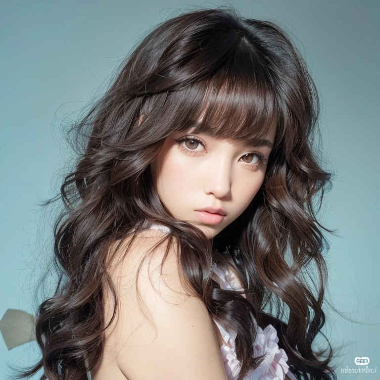Hay una mujer con el pelo largo posando para una foto, ulzzang, auburn hair with bangs, Cabello negro ondulado con flequillo, brown long hair with bangs, Pelo largo con flequillo, Cabello largo con flequillo completo, flequillo esponjoso, Cabello limpio con flequillo, brown hair and bangs, flequillo y cabello ondulado, flequillo rizado, con cabello largo y rizado, con flequillo completo