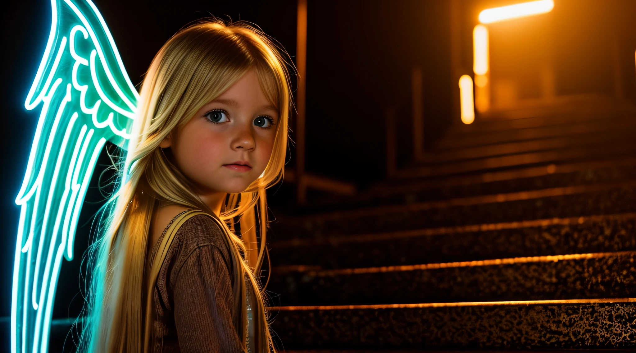 there is a young blonde child with long hair. fechar para cima, neon lights, Stairs to the sky. com asas de anjo,