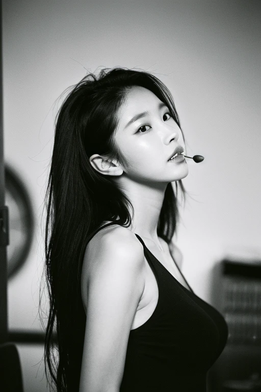 slit-mouth, woman, scissors, monochrome photo