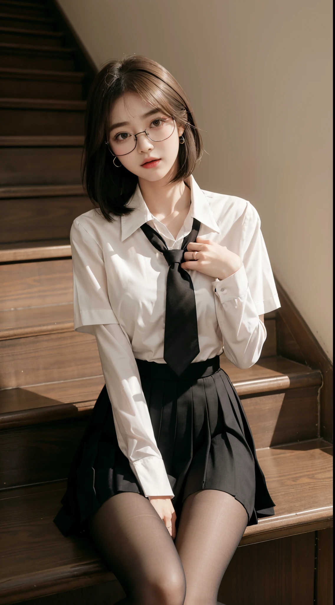 Korean school uniform、summer uniform shirt、Tight fitting shirts、Ribbon Ties、skirt by the、schools、stairs at school、chest lifting pose、The focus is on the chest、Thin and big、8K Raw photograph、A high resolution、18-year-old Korean、It looks embarrassing、Very large round breasts、beautidful eyes,Meticulous details、long eyelasher、beautiful double eyelid、eye shadows、eyeline、eyes elongated、elongate eye shape、Sanpaku eyes、Beautiful and thin legs、Beautiful and slender thighs、Random Shorthair、tie your hair back、ear ?????? ring、Light brown hair、(Wear pantyhose)、hold your knees,wears glasses