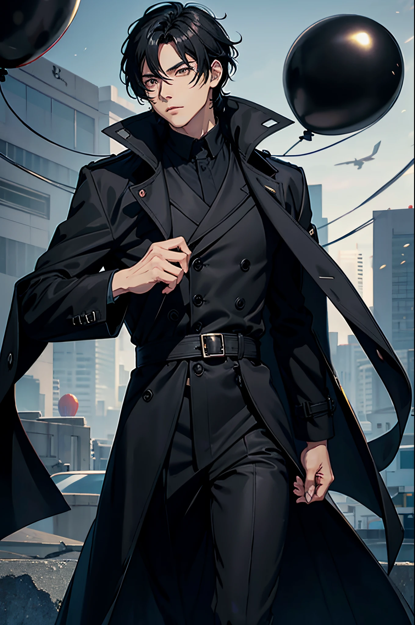 an elegany anime man, black hair, black trench coat, black baloons, lots of baloons