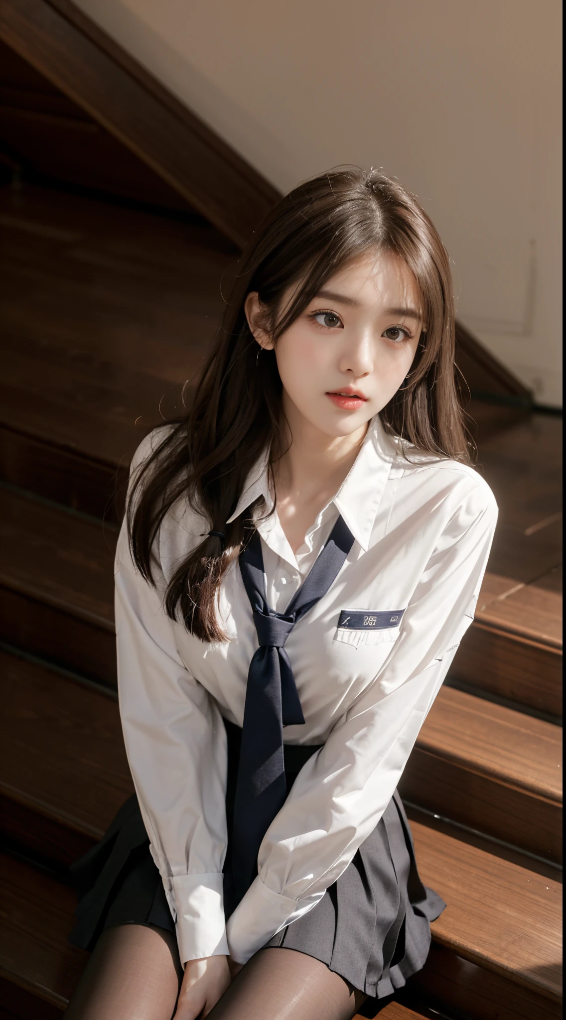 Korean school uniform、summer uniform shirt、Tight fitting shirts、Ribbon Ties、skirt by the、schools、stairs at school、chest lifting pose、The focus is on the chest、Thin and big、8K Raw photograph、A high resolution、18-year-old Korean、It looks embarrassing、Very large round breasts、beautidful eyes,Meticulous details、long eyelasher、beautiful double eyelid、eye shadows、eyeline、eyes elongated、elongate eye shape、Sanpaku eyes、Beautiful and thin legs、Beautiful and slender thighs、Random Shorthair、tie your hair back、ear nipple ring、Light brown hair、(Wear pantyhose)、hold your knees,wears glasses