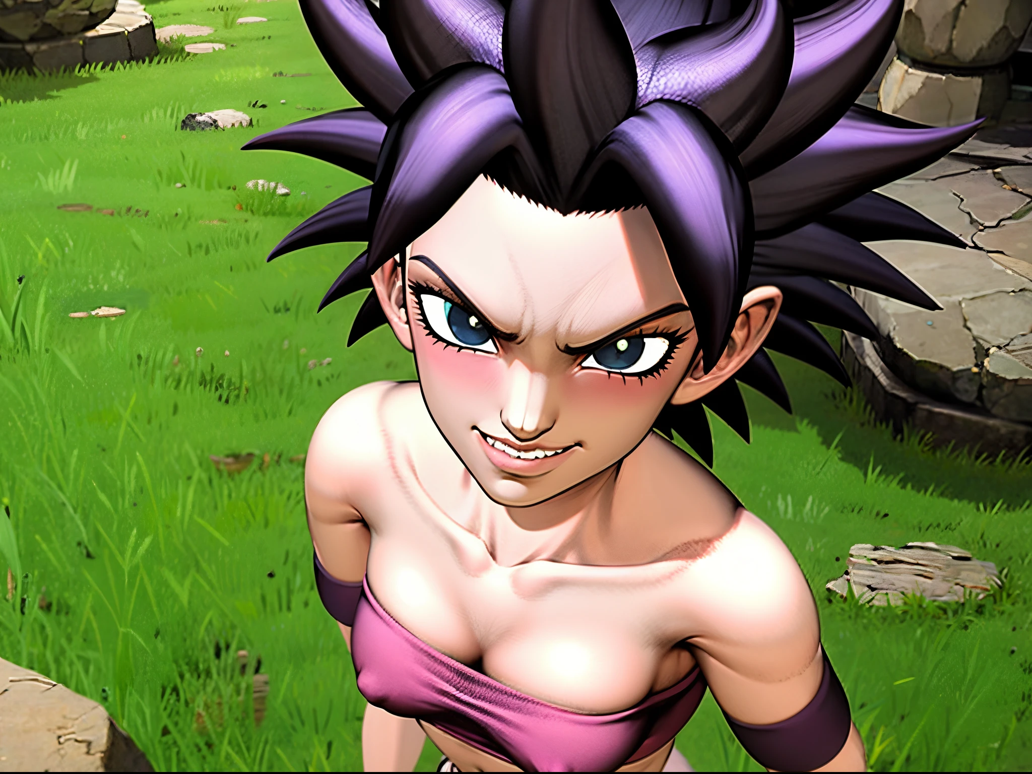 masterpiece, best quality, defcaulifla, black hair, black eyes, tube top, purple pants, bracers, looking at viewer, smirk, furrowed brow, smile, green sky, mountains, rock formations, from above, standing, close-up, All-Star_R Style, fake screenshot