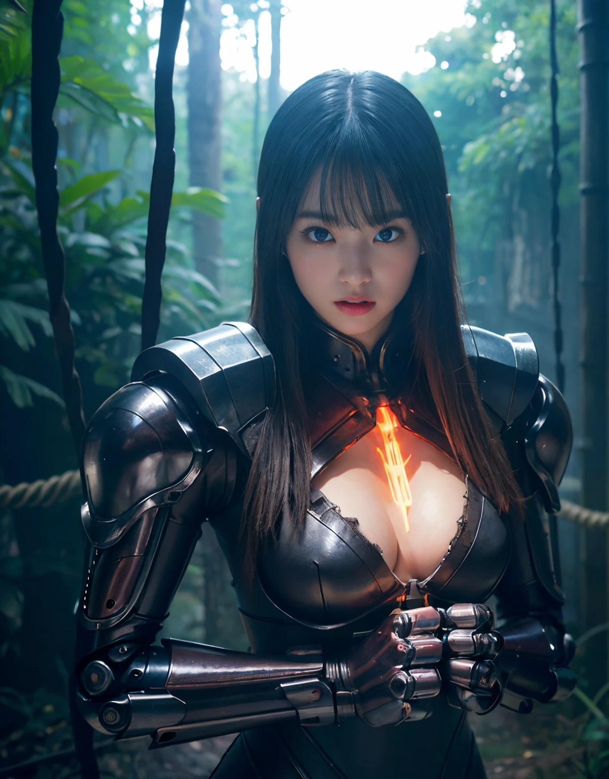 (1 Mechanical Girl)、（Mystical expression）、top-quality、​masterpiece、超A high resolution、(Photorealsitic:1.4)、Raw photo、女の子1人、Fight mutants、glowy skin、(((1 Mechanical Girl)))、（Red Metal Bodysuit）、(Fight goblings、ogre、Fierce battle with orcs),（Fight fiercely against aliens）、Fight fiercely、(beautiful forest background)、(Fighting Demonic Beasts)、(Small LED)、((super realistic details))、portlate、(Strong giant demon beast background),globalillumination、Shadow、octan render、8K、ultrasharp、Colossal tits、Raw skin is exposed in cleavage、red metal、Details of complex ornaments、Japan details、highly intricate detail、Realistic light、(Mystical expression),CGSoation Trends、Blue eyes、radiant eyes、Facing the camera、neon details、(Mechanical limbs)、(blood vessels connected to tubes)、(Wires and cables connecting to the head)、Small LED、,Mechanical thighs、Toostock、（Hands are also made of machines）、（Precipitous cliffs、fortress）、机器人、