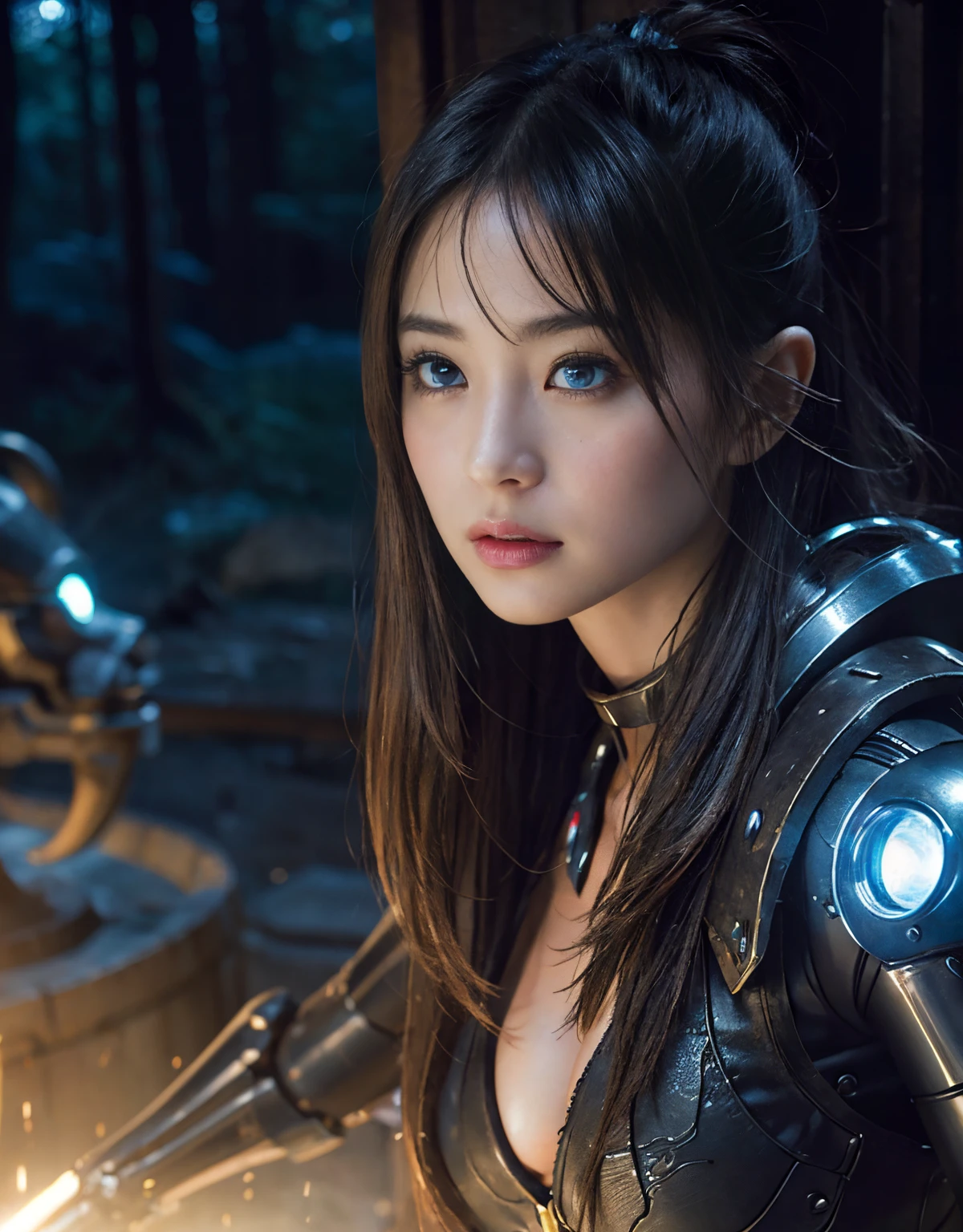(1 Mechanical Girl)、（Mystical expression）、top-quality、​masterpiece、超A high resolution、(Photorealsitic:1.4)、Raw photo、女の子1人、Fight mutants、glowy skin、(((1 Mechanical Girl)))、（Red Metal Bodysuit）、(Fight goblings、ogre、Fierce battle with orcs),（Fight fiercely against aliens）、Fight fiercely、(beautiful forest background)、(Fighting Demonic Beasts)、(Small LED)、((super realistic details))、portlate、(Strong giant demon beast background),globalillumination、Shadow、octan render、8K、ultrasharp、Colossal tits、Raw skin is exposed in cleavage、red metal、Details of complex ornaments、Japan details、highly intricate detail、Realistic light、(Mystical expression),CGSoation Trends、Blue eyes、radiant eyes、Facing the camera、neon details、(Mechanical limbs)、(blood vessels connected to tubes)、(Wires and cables connecting to the head)、Small LED、,Mechanical thighs、Toostock、（Hands are also made of machines）、（Precipitous cliffs、fortress）、机器人、