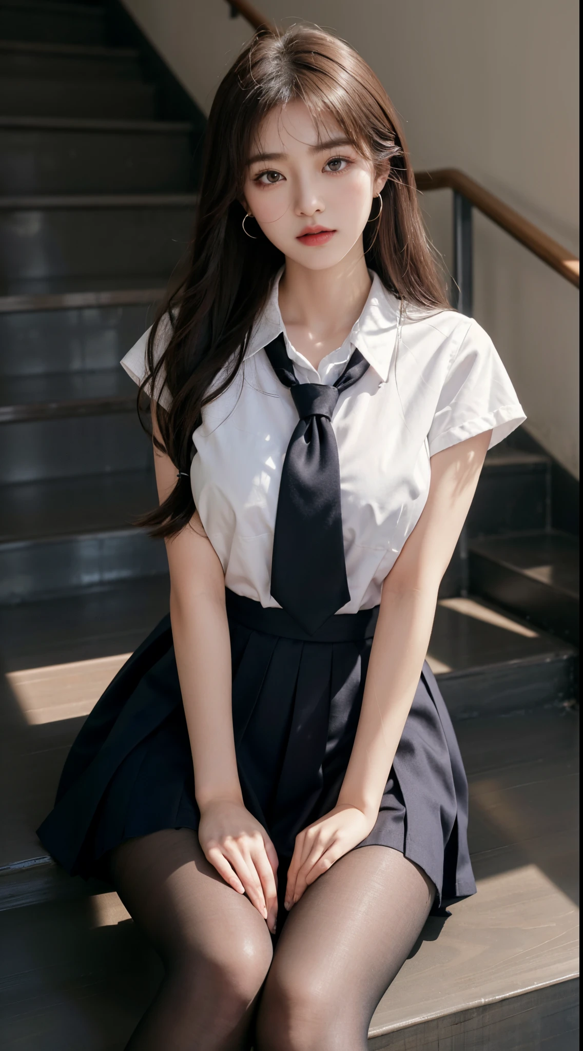 Korean school uniform、summer uniform shirt、Tight fitting shirts、Ribbon Ties、skirt by the、schools、stairs at school、chest lifting pose、The focus is on the chest、Thin and big、8K Raw photograph、A high resolution、18-year-old Korean、It looks embarrassing、Very large round breasts、beautidful eyes,Meticulous details、long eyelasher、beautiful double eyelid、eye shadows、eyeline、eyes elongated、elongate eye shape、Sanpaku eyes、Beautiful and thin legs、Beautiful and slender thighs、Random Shorthair、tie your hair back、ear nipple ring、Light brown hair、(Wear pantyhose)、hold your knees,wears glasses