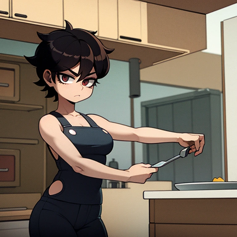 Busty,tomboy look, curvy,tan,short jet black hair,aloof expression,star like eyes,kitchen, currently cooking food