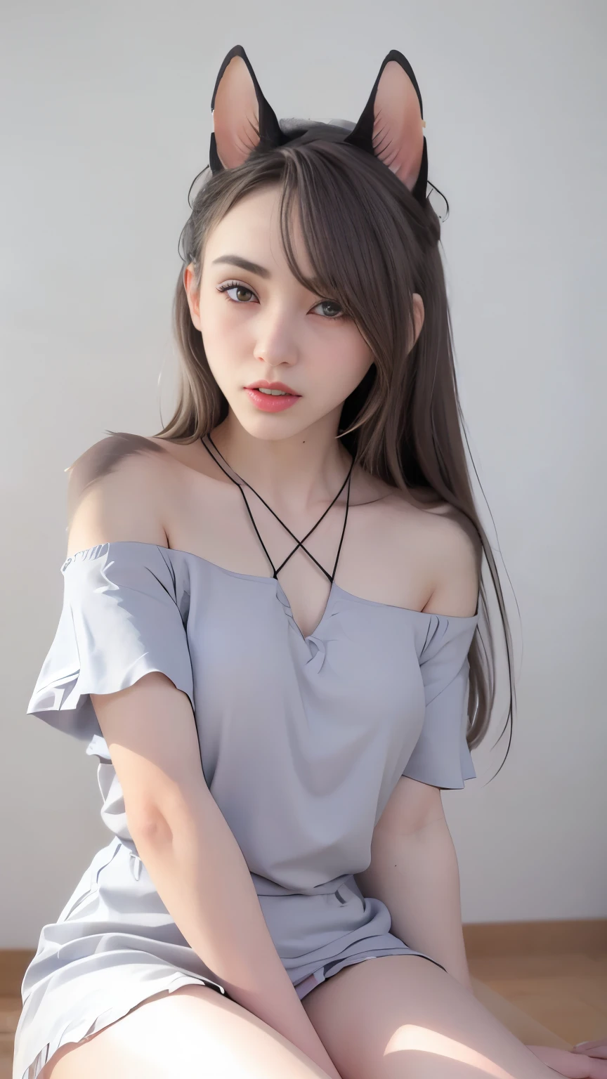 adolable, 14anos, Ruffled summer dresses, Da diagonal para a frente , japonesa, clivagem, sentado em uma almofada, Olhando para o Viewer, baixo contraste, (sorrir:0.8), cabelo scrunchie, best quality, 超A high resolution, Fotografiarealista, ultra-detalhada, 8k, Foto RAW, piece masuter nsfw furry