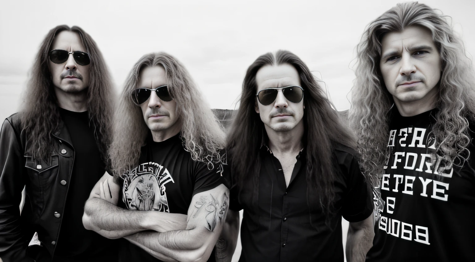 a black and white photo of three men with long hair, Megadeth,