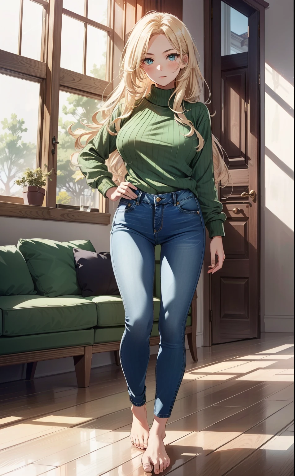 masterpiece, extremery magnificent view, perspective, extremery best quality, extremery detailed CG, 8k wallpaper, ultra high resolution, highly detailed face, highly detailed eyes, perfect anatomy, super detailed skin, not safe for work,
(dynamic angle, dynamic pose:1.2), indoors, living room, (portrait, legs focus, full body shot), (beautiful face, beautiful eyes, beautiful legs:1.3),
20-year-old girl, scandinavian, (blond hair:1.4), straight hair, forehead, blue eyes, large breast (green sweater:1.4), skinny, wide hips, thin waist, (skinny blue denim pants:1.4), (barefoot:1.4)