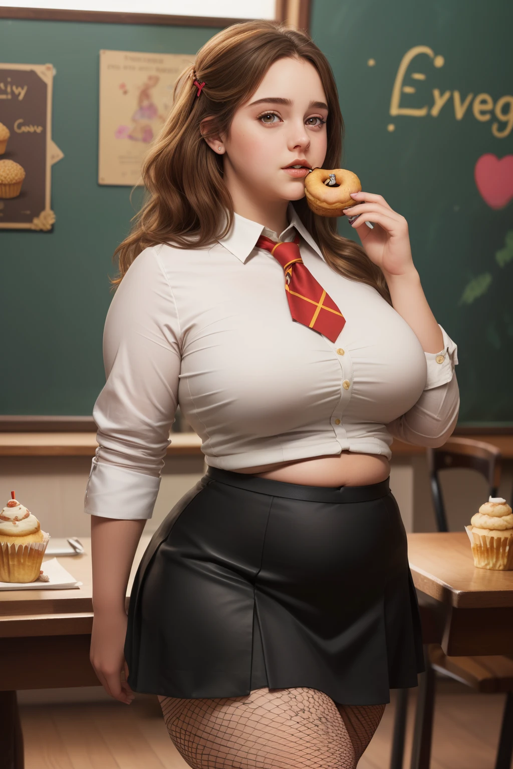 masterpiece, (photorealistic), (8k wallpaper) , (best quality), perfect quality, solo, (detailed eyes:0.9), girl, Ermione, curvy hair, eating donut, very young, face : (very young, European, thin face, very beautiful face, young). figure : (very full figure, very chubby, curvy, muffin top, got overweight, love handles, extra thick, extra thicc, navel, very soft, fat hips,very thick, big breasts, sexy, sexy pose, fat thighs). clothes: ( black tight miniskirt, tight school uniform, fishnet, red tights).