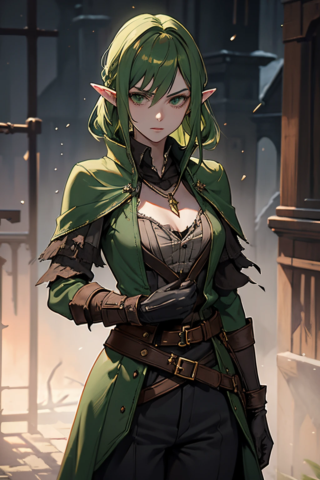 Adult elf woman with green sidecut hair and green eyes, flat breast coverd by clothes, wears dark black hunter outfit from Bloodborne, wears golden necklace with green pendant, black pants, strong serious face expression, at night, black gloves, belt, coat, torn clothes, capelet, gauntlets,arms at sides, vambraces, black capelet, tricorn, hunter (bloodborne)