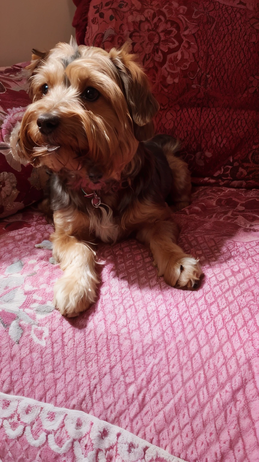 there is a little dog sitting on a pink sofa with a pink blanket, Yorkshire Terrier, olhar desleixado, Looking towards the camera, segurando seu Yorkshire Terrier, looking-into-camera, Dog cute, he is very relaxed, muito bonito, sentado na cama, sentada em sua cama, sentado em uma cama, olhando de lado, mostrando suas patas para o espectador, an old painting in high definition