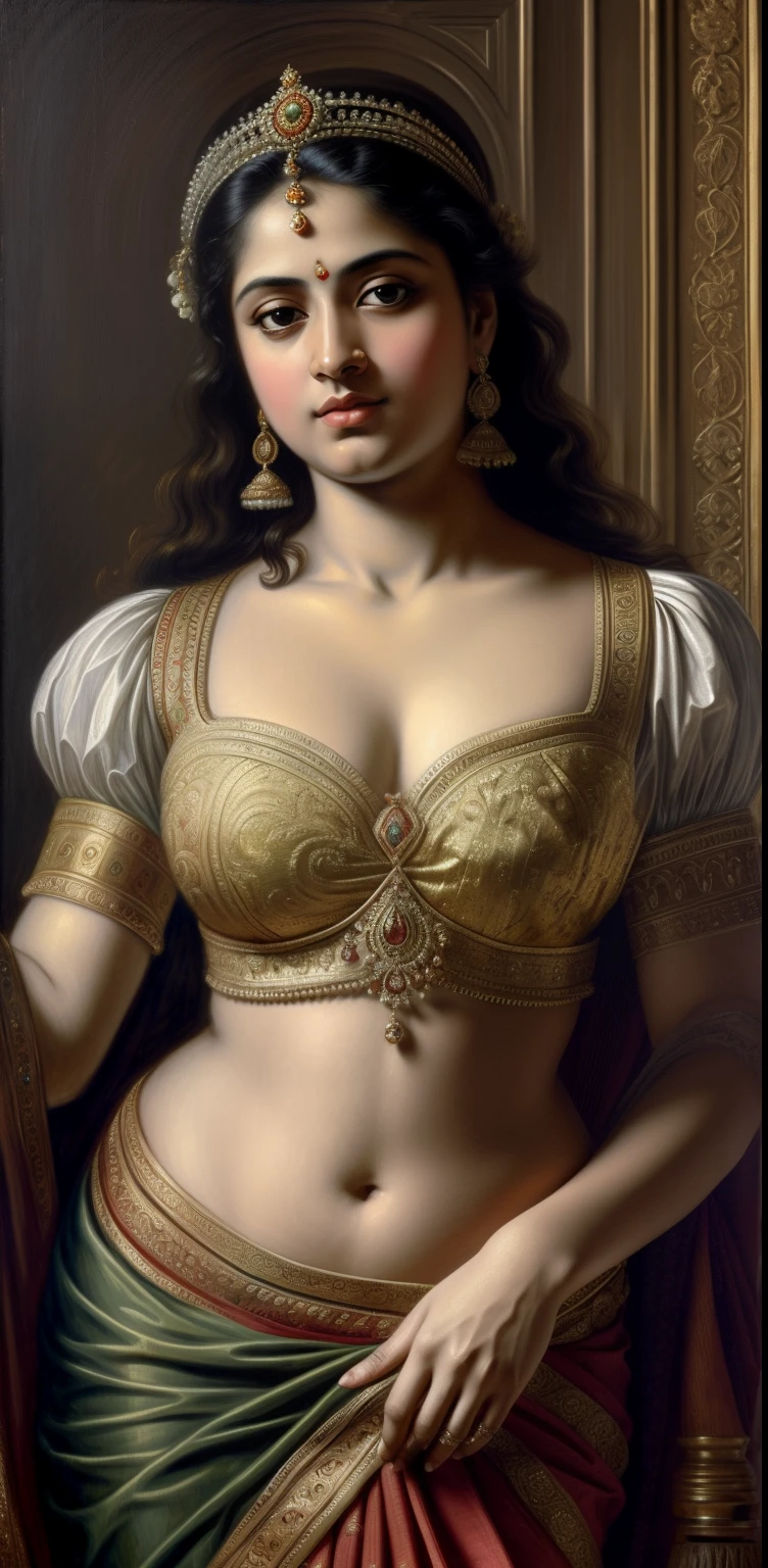 Beautiful Indian Woman, wearing saree, sari Beauty, gorgeous, Apsara, Maharani, royal queen woman, nymph from Hindu Mythology, Urvashi, matchless beauty, Highly detailed, Oil Painting by Peter Paul Rubens inspired by Raja Ravi Varma, Matchless beauty, captivating, gorgeous, heavenly beauty, celestial beauty, by Peter Paul Rubens, 1893, realistic, hyper realistic, micro details, incredible artwork, insane details, ultra High resolution, 8k, 32k, acrylic on canvas, intricate, flawless, detailed, detailed face, detailed eyes, masterpiece, by Peter Paul Rubens, by Caravaggio, by William Adolphe bouguereau, perfect face, perfect body, beautiful art, realism, baroque, renaissance Art, highly textured, beautiful and detailed eyes, uhd, best quality,