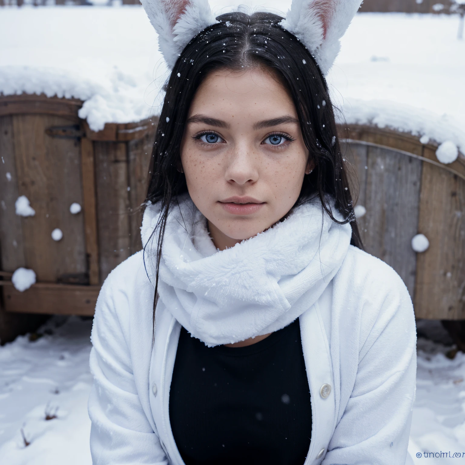 Black hair, blue eyes, freckles woman in the snow hunting rabbit