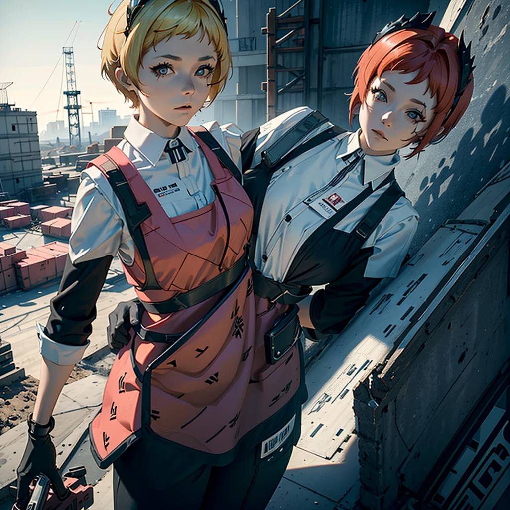 A red hair woman, working a construction site, wearing a reflective vest, with her blonde short hair friend, both are having are working together with a blue long hair woman, they are all working together in this construction site. 4k, unreal engine, cinematic, high quality image.