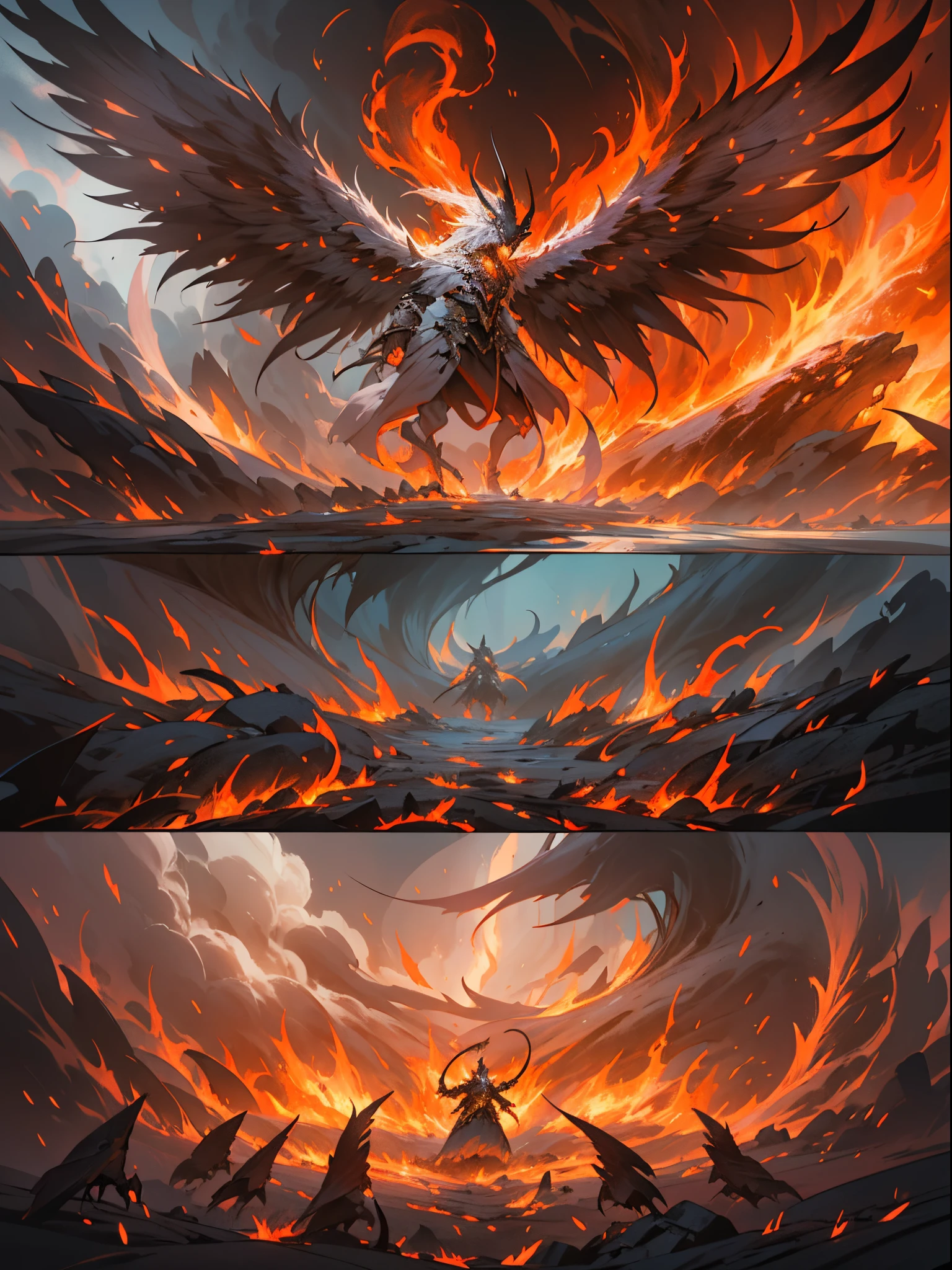 best quality,highres,(realistic,photo-realistic),(detailed,detailed:detailed:1.1),battle of might,(intense,fierce,epic),(clash,showdown),firepower,(powerful,strong),heaven and hell,(struggle,conflict),(dark,ominous),battle of the elements,angelic wings,demonic wings,white feathers vs red sky,blazing fire,searing flames,glowing aura,enchanting magic,exquisite details,ethereal beauty,divine vs infernal,ultimate test of strength,arms locked in combat,magical battle,explosive fight,confrontation of light and darkness,fiery glow,awe-inspiring spectacle,otherworldly confrontation.(landscape,concept artists)