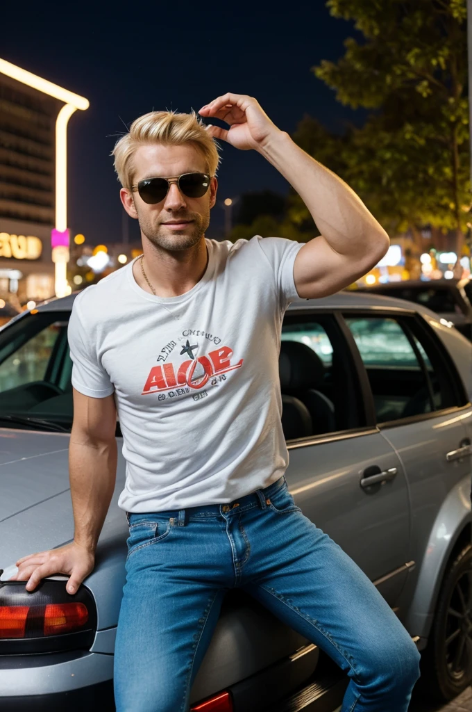 one blonde guy in his thirties, cute face, athletic body, wears 80s shirt and jeans, sneakers, sunglasses, city at night, sitting on car