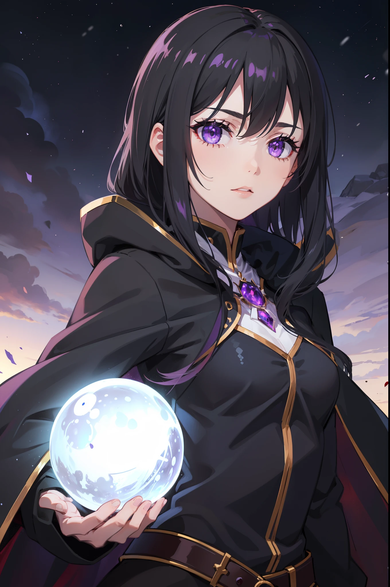 (best quality, high resolution), ultra-detailed, woman, young, 19 years old, long flowing black hair, snow white skin, calm, emotionless eyes, glowing purple eyes, long black uniform, black hooded cape, ball of purple energy floating in hand. purple light background