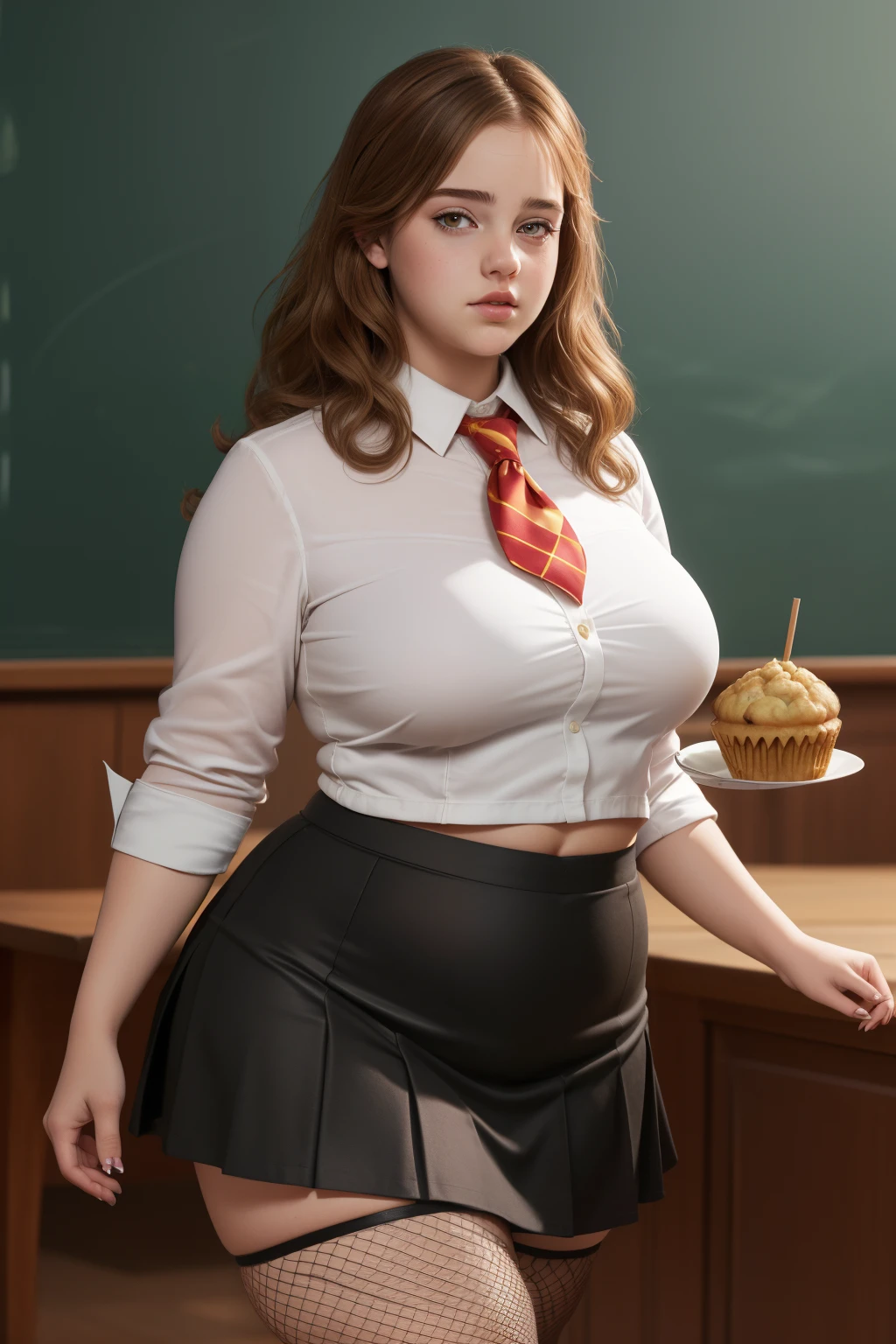 masterpiece, (photorealistic), (8k wallpaper) , (best quality), perfect quality, solo, (detailed eyes:0.9), girl, Ermione, curvy hair, eating donut, very young, face : (very young, European, thin face, very beautiful face, young). figure : (very full figure, very chubby, curvy, muffin top, love handles, extra thick, extra thicc, navel, very soft, fat hips,very thick, big breasts, sexy, sexy pose, fat thighs). clothes: ( black tight miniskirt, tight school uniform, fishnet, red tights).