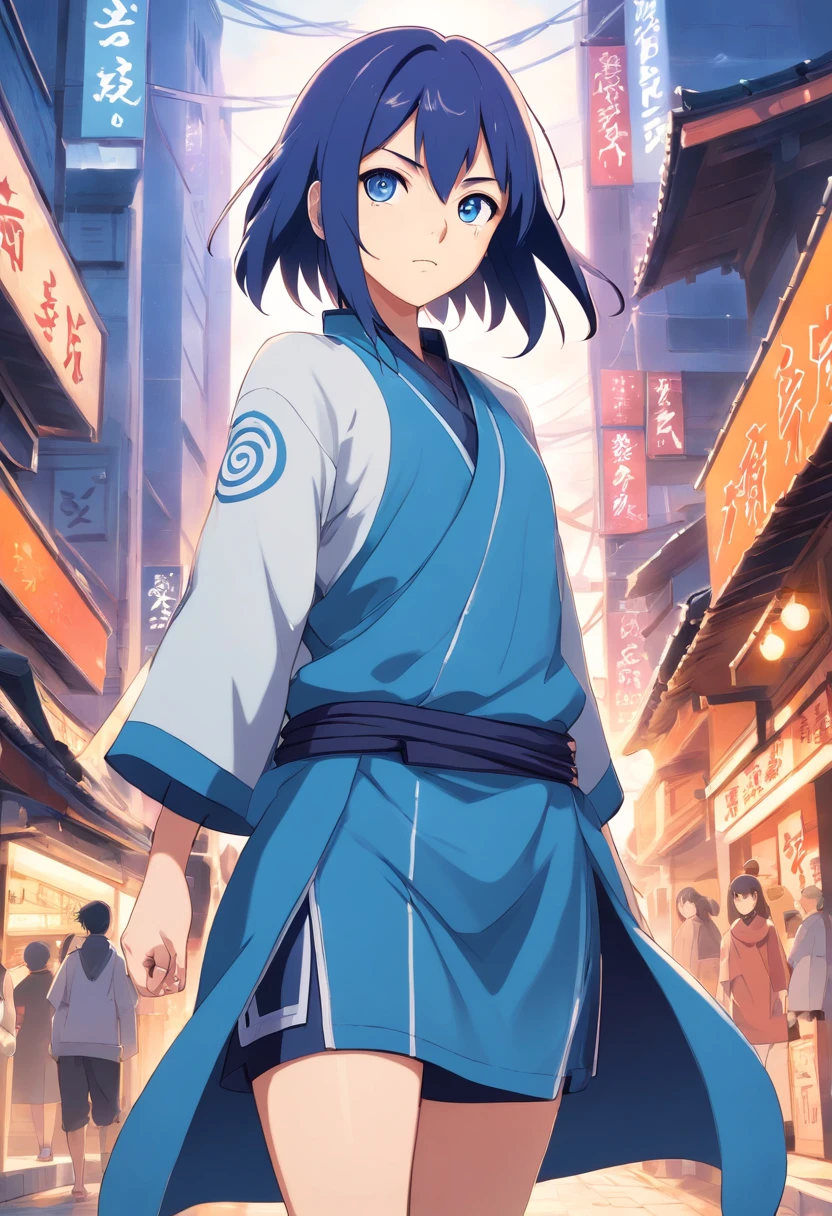Hyuga prodigy, a 12-year-old kunoichi with flowing dark blue hair and the distinctive white Byakugan eyes, presented in a captivating full-body shot. Adorned in light-colored attire where the prominence of white accentuates her presence, she stands poised before the majestic Konoha Academy. Immerse the scene in the beloved artistic style of the Naruto anime, capturing the essence of her strength, tradition, and the youthful spirit that defines the world of ninjas.