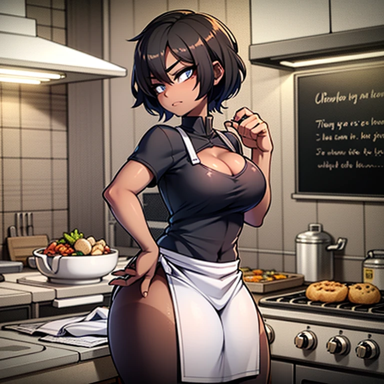 Busty,tomboy look, curvy,tan,short jet black hair,aloof expression,star like eyes,kitchen, currently cooking food, , wearing only a apron, exposed skin,covered ass and breast by apron