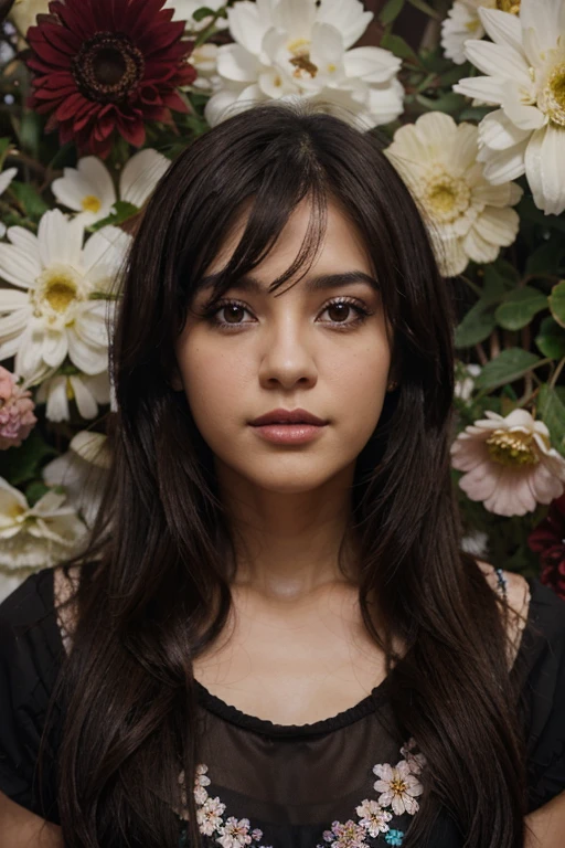 realista, 1girl, Cabello OSCURO, dark brown eyes, ojuelos, labios partidos, sonrojarse, Lindo, sode, tag, flores.