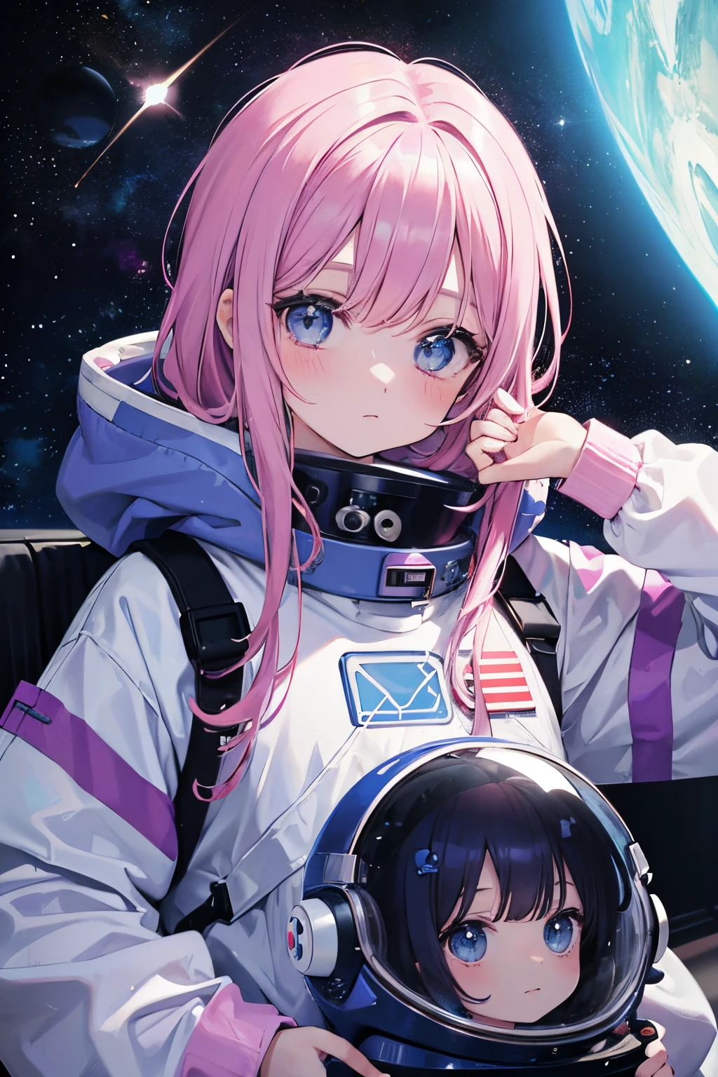 a cartoon of a girl in a space suit and pink hair, Retrato Anime Space Cadet Girl, Espacio Molly, Chica en el espacio, en un traje de cadete espacial, Lindo arte de pegatina de astronautaa, cosmic girl, Usa un traje espacial, Decora Inspired Ilustraciones, en traje espacial, pastel goth aesthetic, astronauta, en el espacio, vibraciones de anime, astronautaa espeluznante