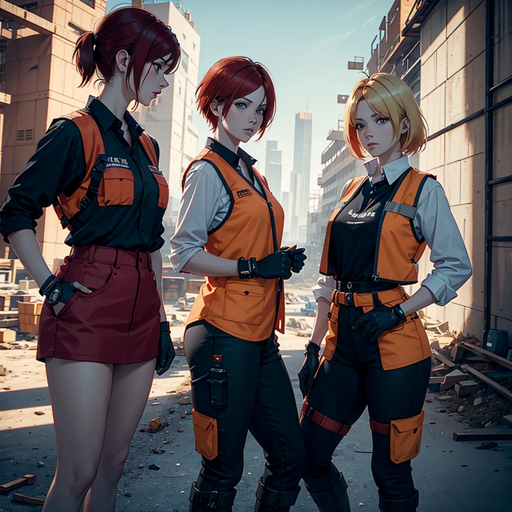A red hair woman, working a construction site, wearing a reflective vest, with her blonde short hair friend, both are having are working together with a blue long hair woman, they are all working together in this construction site. 4k, unreal engine, cinematic, high quality image.