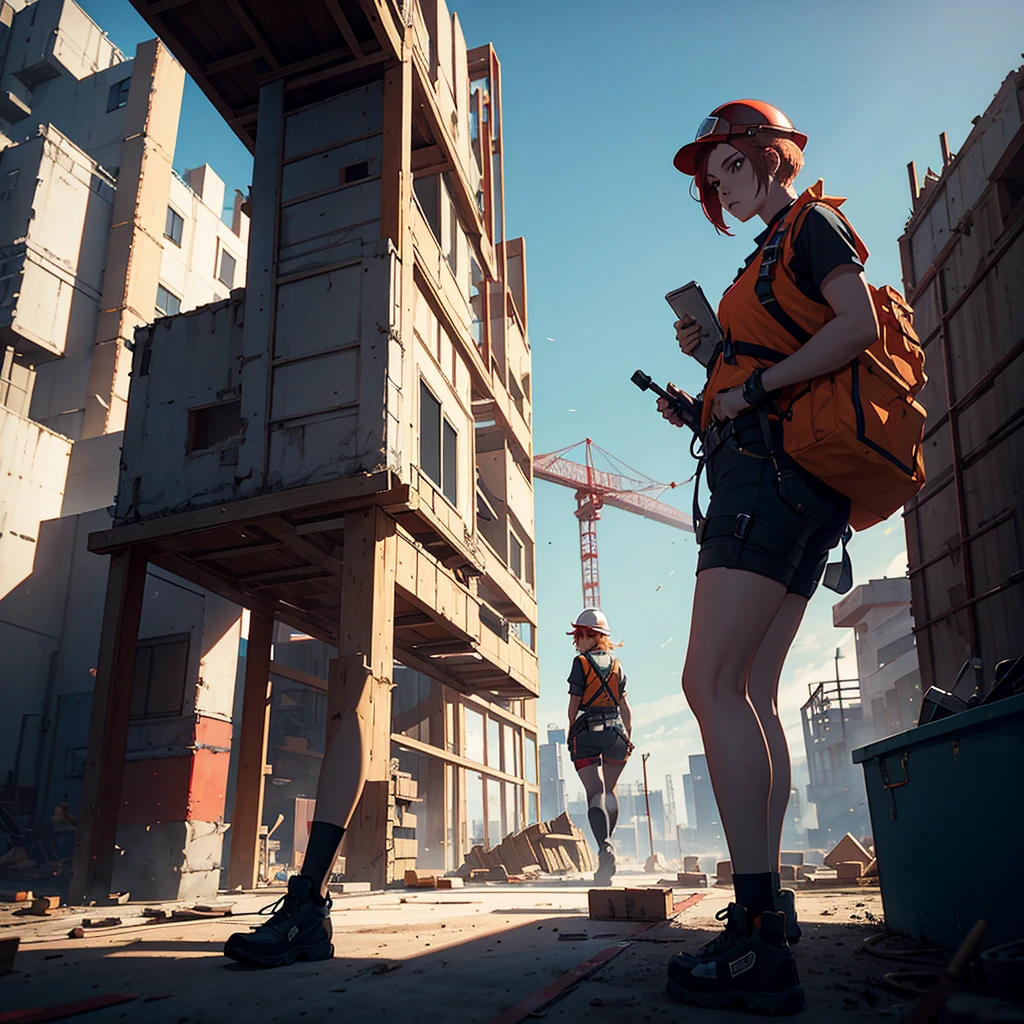 A red hair woman, working a construction site, wearing a reflective vest, with her blonde short hair friend, both are having are working together with a blue long hair woman, they are all working together in this construction site. 4k, unreal engine, cinematic, high quality image.