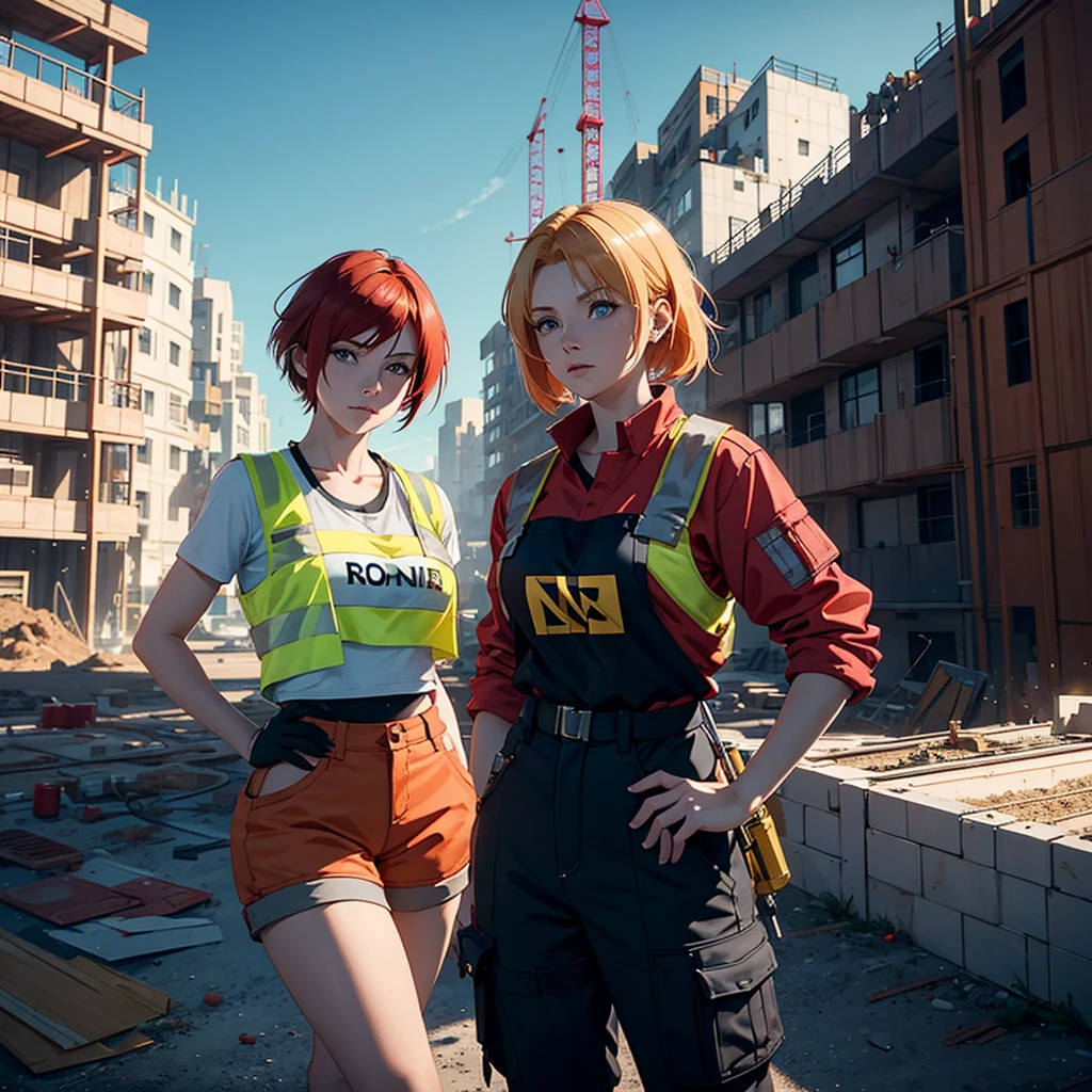 A red hair woman, working a construction site, wearing a reflective vest, with her blonde short hair friend, both are having are working together with a blue long hair woman, they are all working together in this construction site. 4k, unreal engine, cinematic, high quality image.