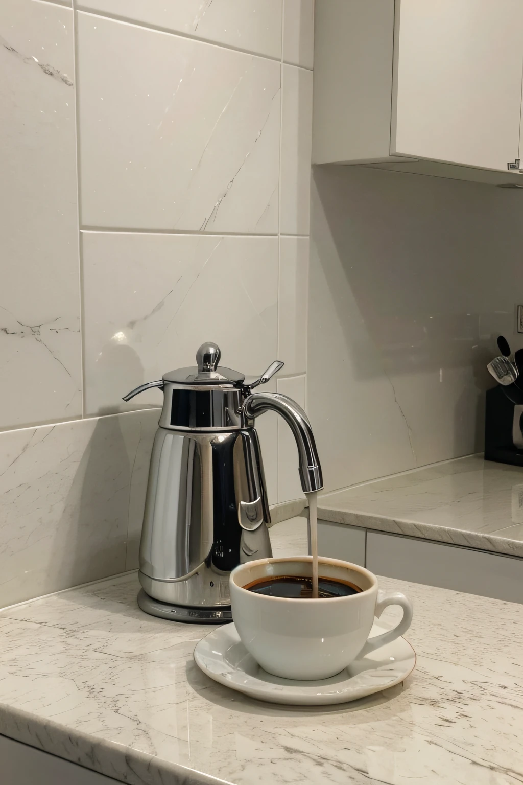 Em uma cozinha amadeirada com offwhite，There is a white table in front，There&#39;s a chrome faucet on the kitchen sink。，There are some cookies on the side。There is a cup of coffee on the right side of the coffee machine，。There are some coffee beans scattered randomly in the image.，Improve the feeling of space。 good lighting，sharp focus on tap，The image is delicate and delicate，Gives a feeling of reality and photorealism。This scene gives people a sense of tranquility、Comfortable and elegant feeling，Cheio de detalhes requintados e qualidade。