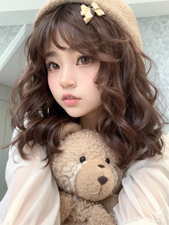 Arafed girl with a teddy bear and a hat., Sakimichan, Peinado kawaii, Peinado kawaii, ulzzang, Chiho, flequillo rizado, flequillo esponjoso, auburn hair with bangs, flequillo y cabello ondulado, Pokimane, brown curly hair, brown hair and bangs, brown fluffy hair, Shiori Teshirogi, with brown hair
