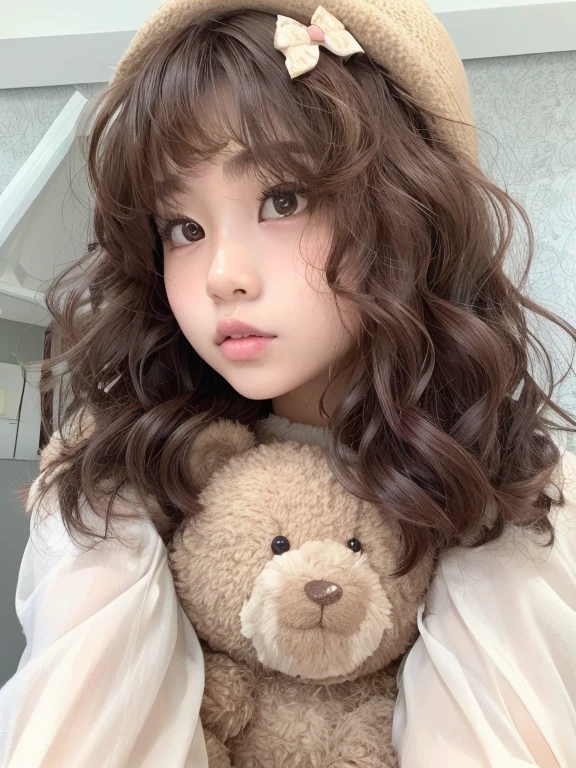 Arafed girl with a teddy bear and a hat., Sakimichan, Peinado kawaii, Peinado kawaii, ulzzang, Chiho, flequillo rizado, flequillo esponjoso, auburn hair with bangs, flequillo y cabello ondulado, Pokimane, brown curly hair, brown hair and bangs, brown fluffy hair, Shiori Teshirogi, with brown hair