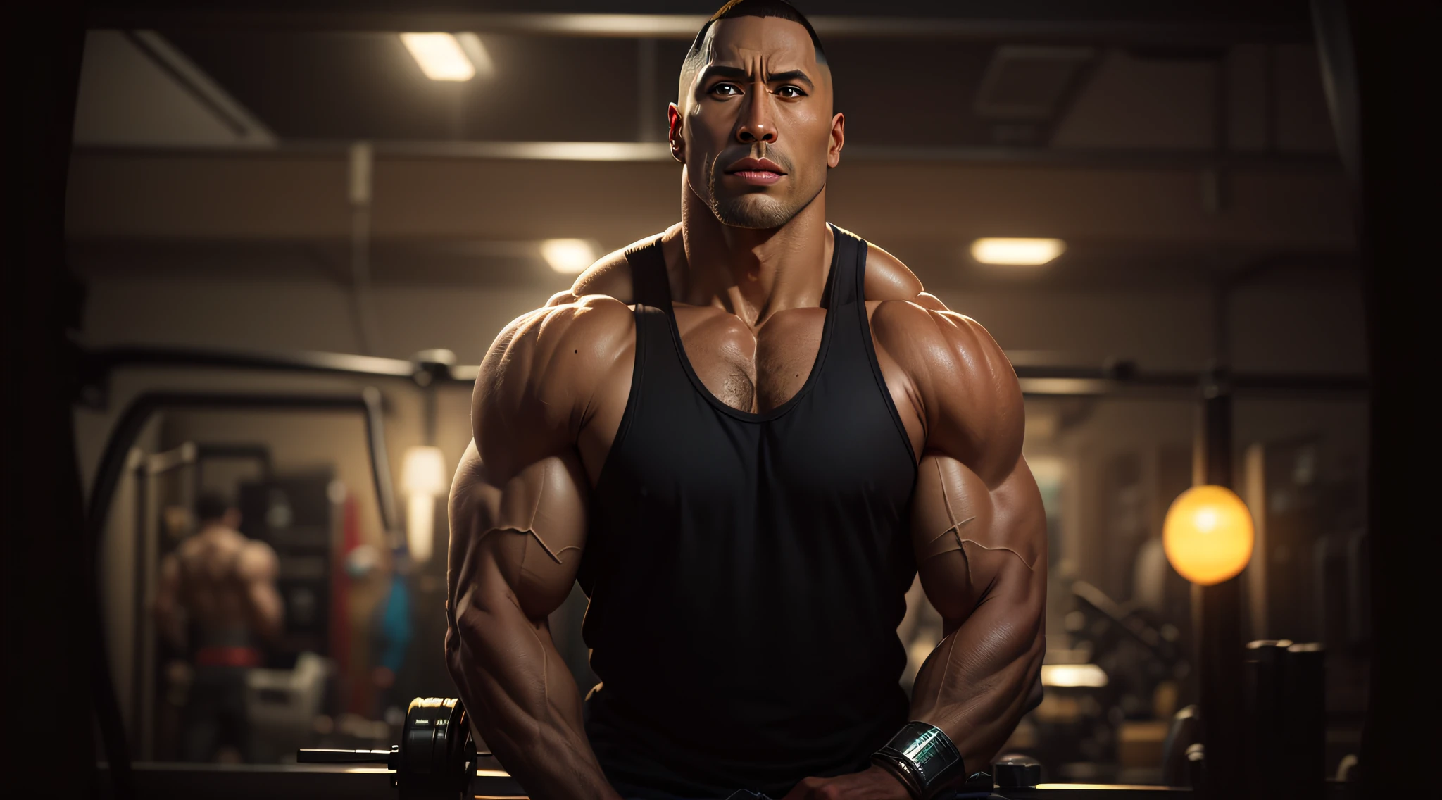 um close up de um homem em uma academia com uma barra, Dwayne o Rock Johnson, Dwayne Johnson, A Rocha, Um retrato de Dwayne Johnson, Dwayne Johnson como Hulk, Dwayne Johnson em Family Guy, Retrato de Dwayne Johnson, Dwayne Johnson como Batman, Dwayne Johnson como Superman, Dwayne Johnson como Deus da Guerra, Estrelado por Dwayne Johnson, steroids, a imagem deve ser muito atraente usando cores opostas na roda de cores