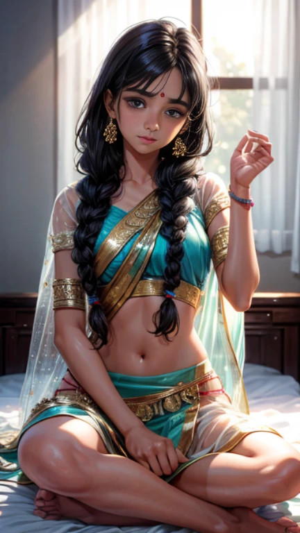 Indian Girl, 25 year old, hot transparent sari, sleeping on bed, hot yoga, calm and frosty, detailed body, detailed face, gorgeous, ultra realistic, cute, long braided hair, ambient lighting, detailed background, volumetric lighting, shadow, 8k, shot with Sony fuji camera