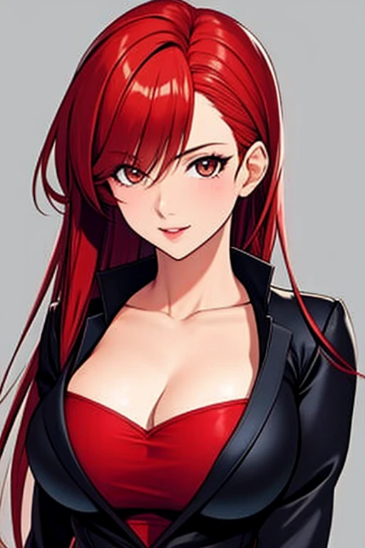 (best quality, anime), solo portrait, front view, mature female, bad girl, red hair, looking at the viewer, large breasts