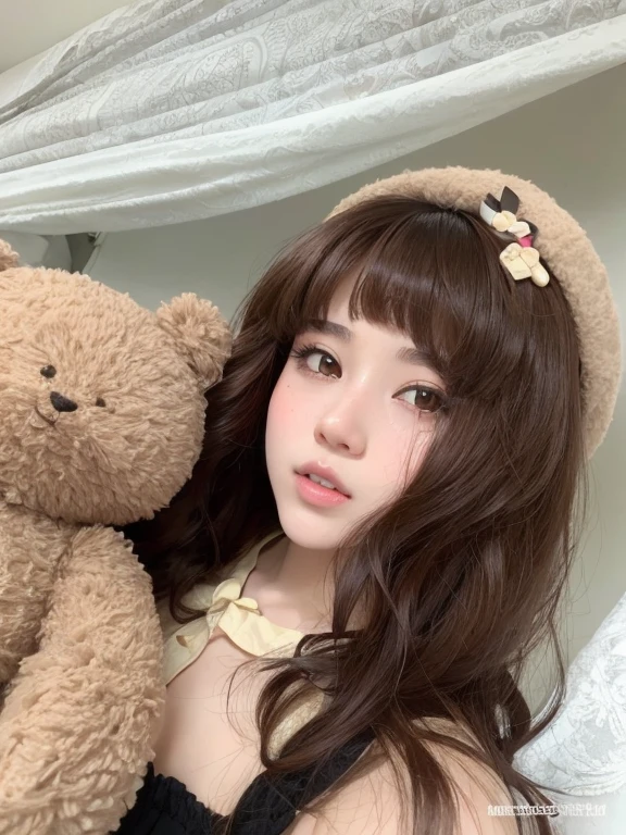 hay una mujer sosteniendo un osito de peluche y usando un sombrero, ulzzang, auburn hair with bangs, brown long hair with bangs, brown hair and bangs, Retrato realista kawaii, Sakimichan, Articulated doll with ball, Peinado kawaii, Linda chica kawaii, peluca, Peinado kawaii, flequillo esponjoso, doll face, Chiho, brown bangs