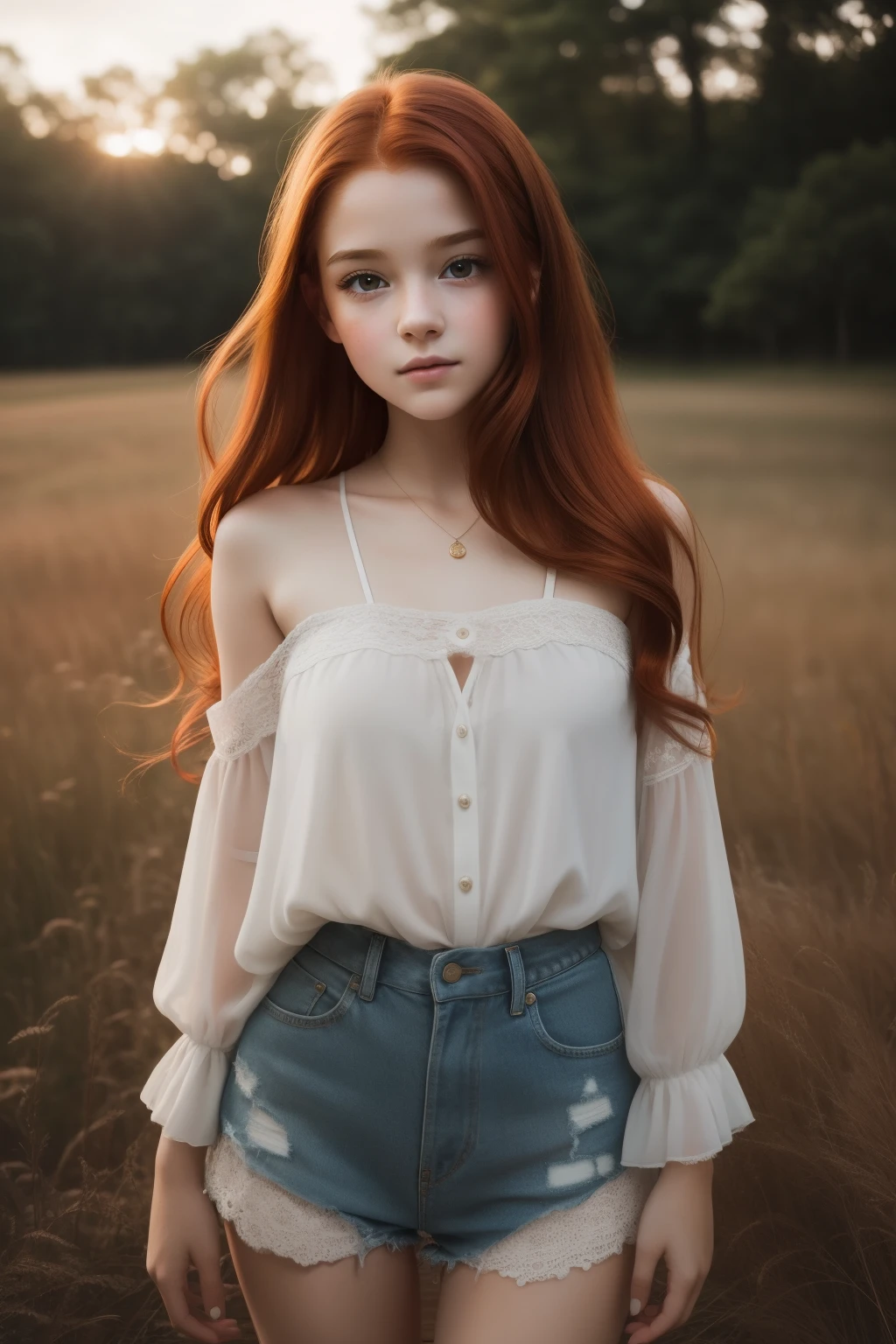 young girl,  redhead,  cinematic, The portrait showcases a young (redhead girl:1.6) with a shy and innocent demeanor,  blueish eyes,  sensual slim face,    big lips,  naked,  BIG TITS and shorts,  Her hair is styled sleek and straight,  elegantly framing her face with  adorable long hairl .Her face is illuminated by gentle lighting,  highlighting her delicate features. The girl's eyes sparkle with a hint of curiosity and her lips form a subtle,  shy smile. The background consists of a ourtoor nature autum scenery muted and warm-toned setting,  providing a calm and serene atmosphere. The composition focuses on the girl's face,  capturing the intricate details of her flawless skin,  The overall image exudes a sense of tranquility and captures the innocence and gentleness of youth