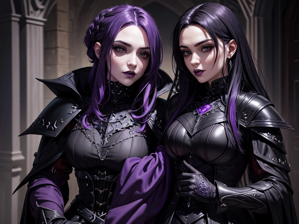 An adult vampire wizard character wearing a very detailed and beautiful gothic armor in black and purple color. Seu cabelo com corte em estilo curto, black lip color, cor roxa dos olhos;, manto, capuz, caminhando, 8k, Magnificent, Black and purple Gothic armor, capa