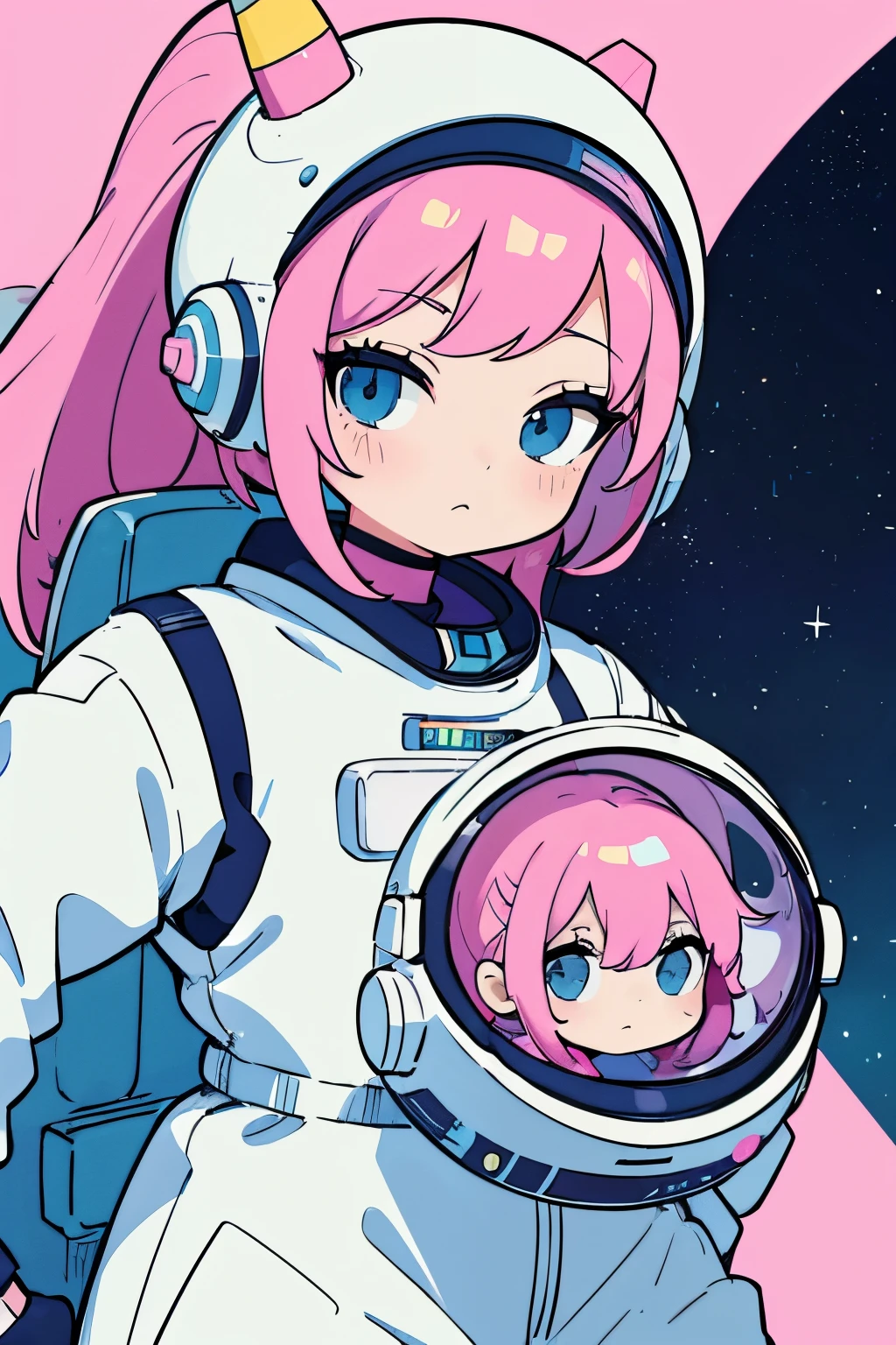 a cartoon of a girl in a space suit and pink hair, Retrato Anime Space Cadet Girl, Espacio Molly, Chica en el espacio, en un traje de cadete espacial, Lindo arte de pegatina de astronautaa, cosmic girl, Usa un traje espacial, Decora Inspired Ilustraciones, en traje espacial, pastel goth aesthetic, astronauta, en el espacio, vibraciones de anime, astronautaa espeluznante