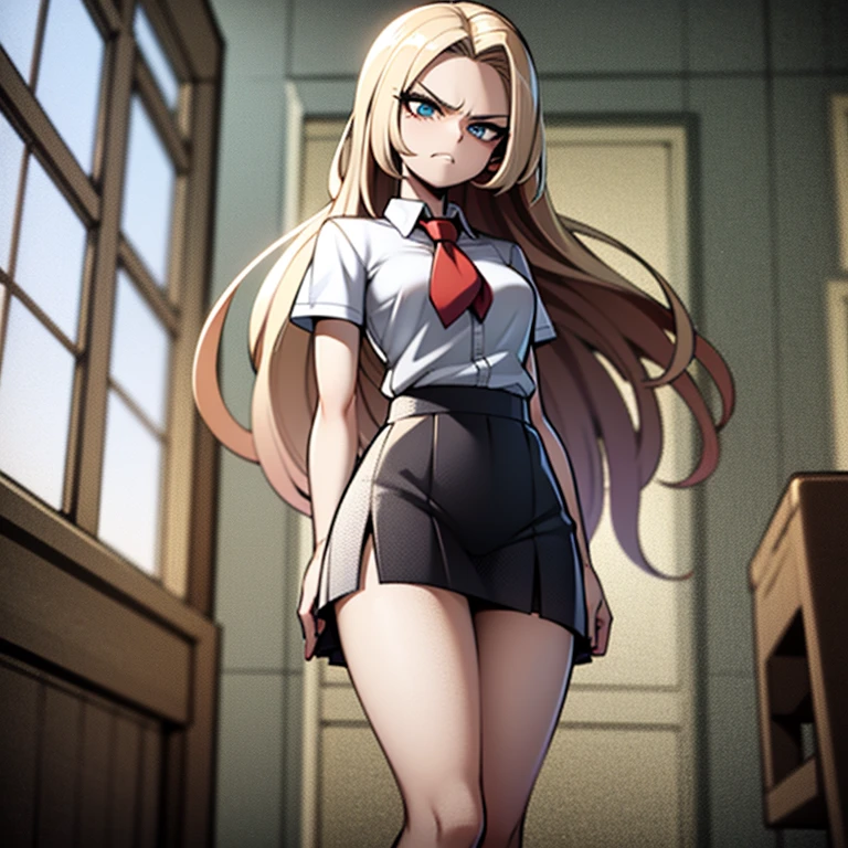 Angry,human girl,arms crossed,petite body,long flowing blonde hair, looking away from POV,glare,black school uniform, short skirt🤫l,thick legs