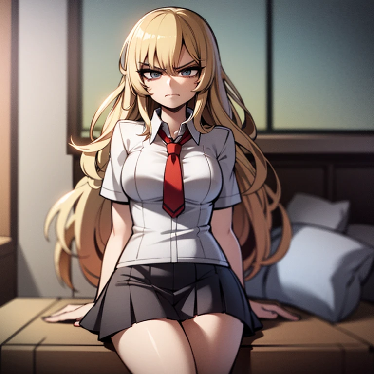 Angry,human girl,arms crossed,ite body,long flowing blonde hair, looking away from POV,glare,black school uniform, short skirt🤫l,thick legs