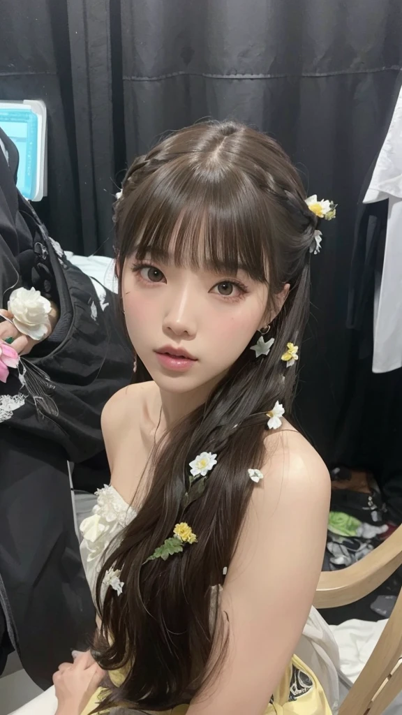 Araffe con pelo largo y flores en el pelo., Lalisa Manobal, El Corte Hime, Jaeyeon Nam, Shikamimi, Jinyoung Shin, Cabello limpio con flequillo, Lalisa Manoban de Blackpink, Chiho, con flequillo, Bae Suzy, ulzzang, Yoshitomo Nara, Peinado blanco de corte hime