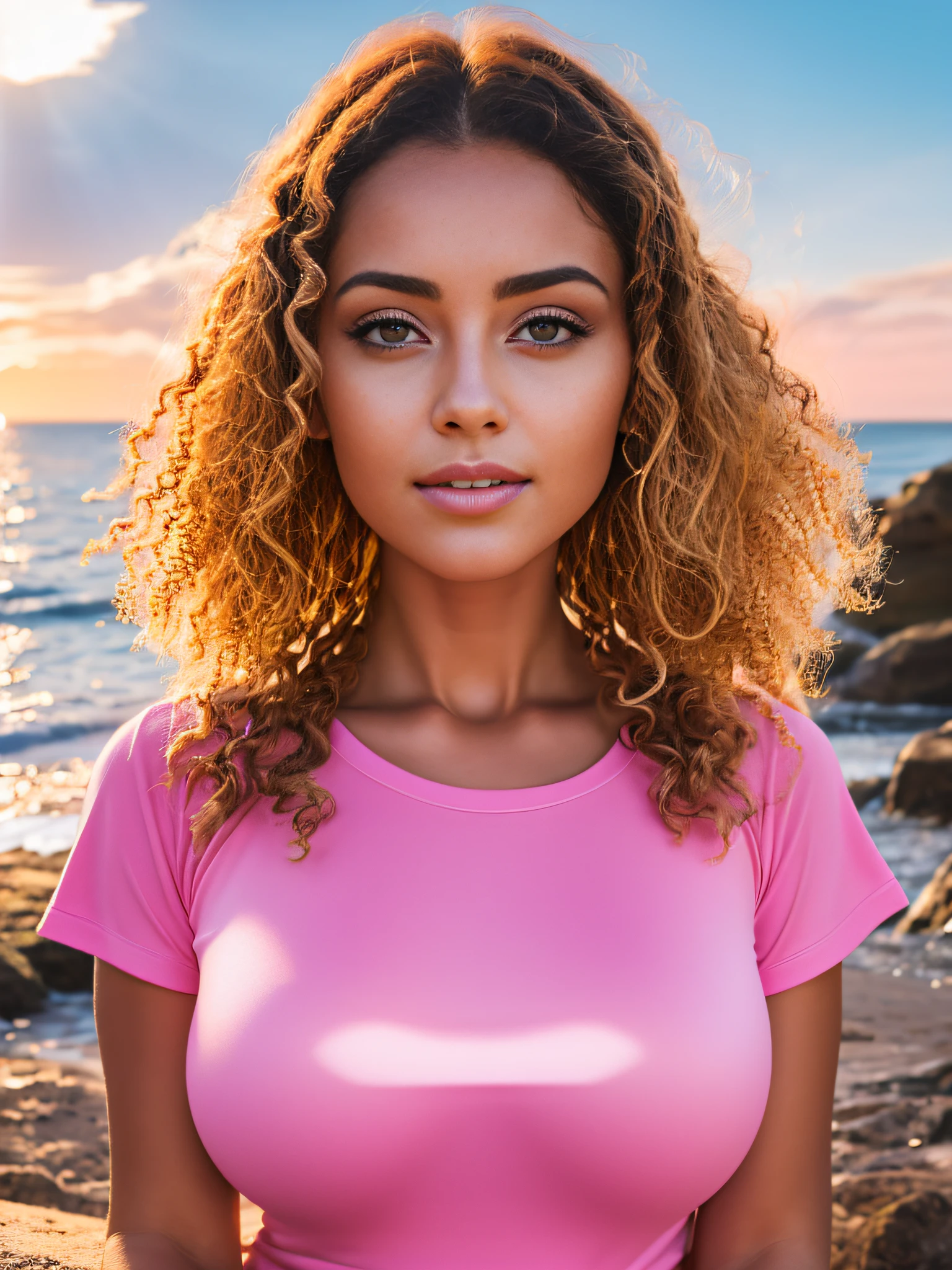Photographie d’une belle fille, porter un t-shirt rose, ((buste très lourd)), cheveux bouclés chatoyants, Assis sur des cailloux, à côté de la plage, Regarder sur le côté, yeux symétriques, visage symétrique, photoréaliste, photographie, Disposition de la parcelle, éclairage spéculaire, Lumière volumétrique du visage, Chemin des cheveux, Ombres visibles, complexe, élaborer, hyper réaliste